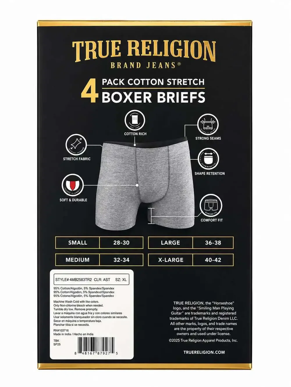 True Religion Men's 4-Pack Cotton Stretch Boxer Briefs Size XL